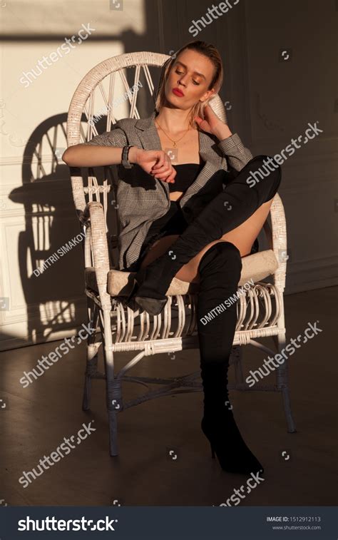 Portrait Beautiful Blonde Woman Sitting Chair Stock Photo Edit Now 1512912113