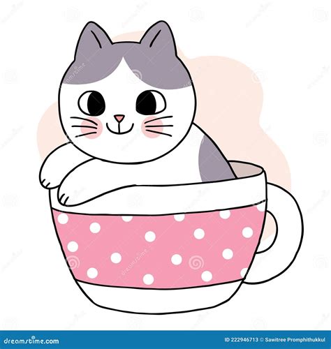 Cartoon Cute Cat In Cup Coffee Vector Stock Vector Illustration Of