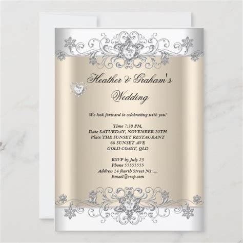 Cream Wedding Silver White Diamond Hearts Invitation Zazzle