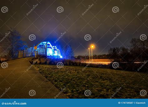 Pedestrian Overpass Lit Up in Bright Blue LEDs at Night Stock Image - Image of engineering ...