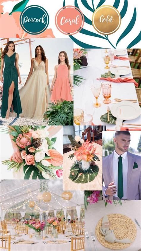 Collage Of Tropical Beach Wedding Color Palette Peacock Coral Gold