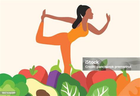 Woman Doing Yoga And Eating Heathy Food Vector Illustration Healthy