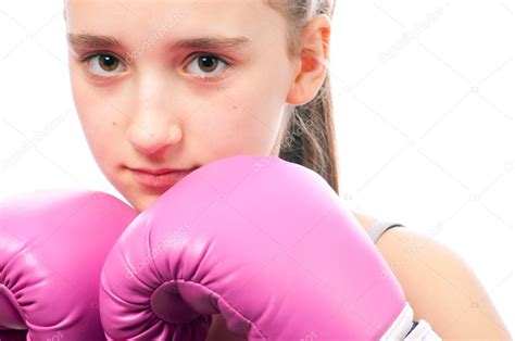 Portrait of pretty kick boxing girl with pink gloves Stock Photo by ...