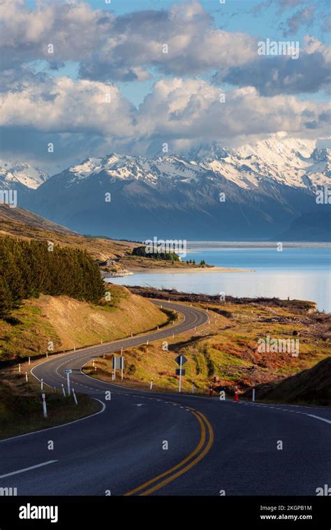 Winding Asphalt Road Lake Pukaki Mount Cook Background Hi Res Stock