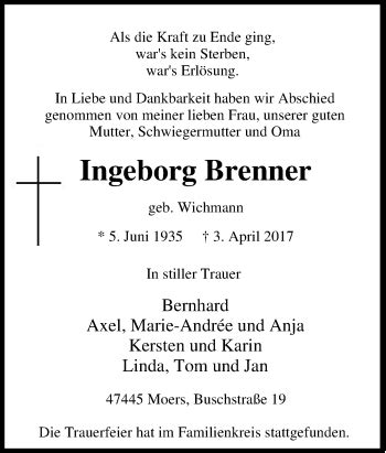 Traueranzeigen Von Ingeborg Brenner Trauer In NRW De