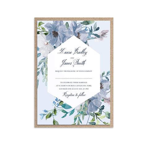 Dusky Blue Floral Wedding Invitations, Geometric Wreath, Blue Floral, – STNStationery