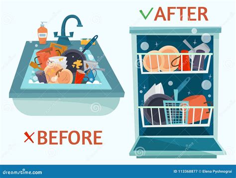 Sink Dirty Dishes and Open Dishwasher with Clean Dishes. Stock Vector - Illustration of dish ...