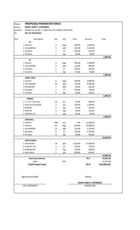 Free Printable Fence Estimate Templates Excel Pdf Word