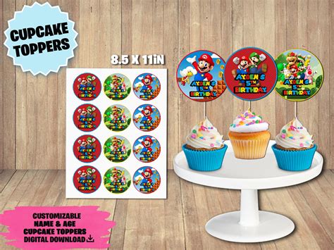 Etiquetas Para Cupcake Toppers De Mario Bros 6x6 Cm Descarga Digital