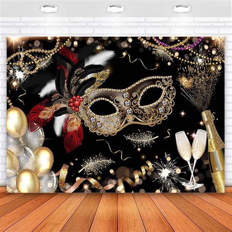 Avezano Masquerade Party Backdrop Gold And Black Mask Prom Backrop Champagne