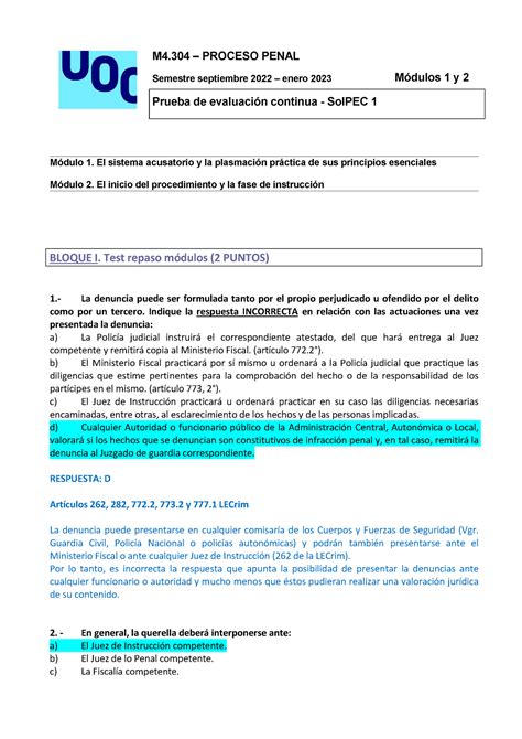 Ejercicio solución PEC1 M4 PROCESO PENAL Semestre septiembre 2022