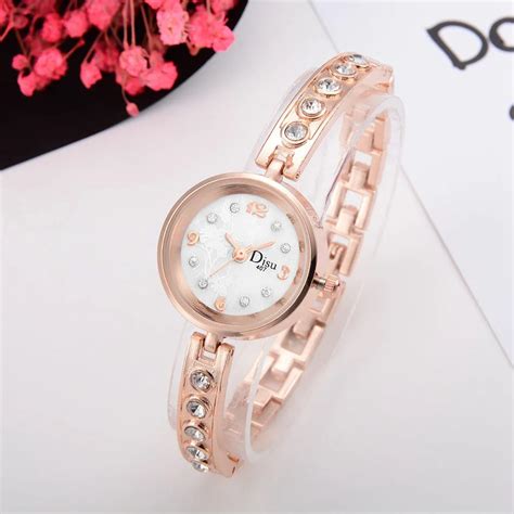 Rosa banhado a ouro feminino elegante strass pulseira quartzo relógio