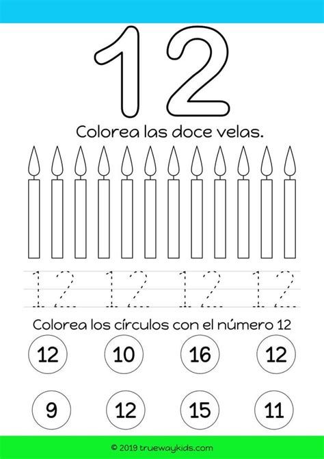 Aprenda a identificar escribir y contar el número 12 Hoja de trabajo