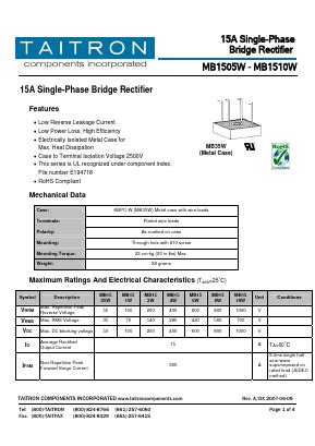 MB1505W Datasheet PDF TAITRON Components Incorporated