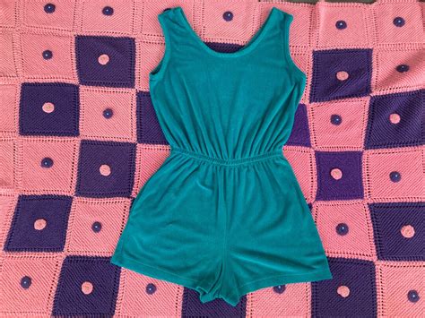 Vintage Teal Romper 80s S M Terry Cloth 1980s Playsuit Etsy