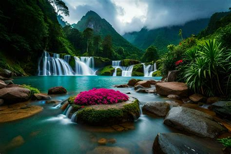 waterfalls, flowers, mountains, green, water, waterfall, nature, landscape, landscape wallpaper ...