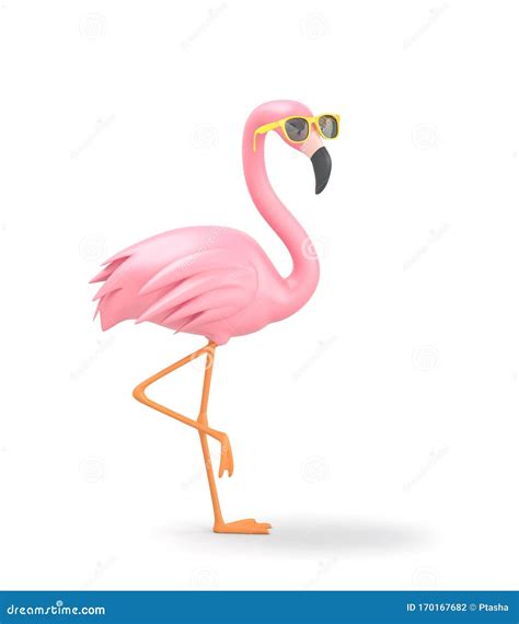 Pink Flamingo In Yellow Sunglasses Isolated On White Clipping Path