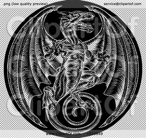 Clipart Of A Black And White Woodcut Dragon In A Circle Royalty Free