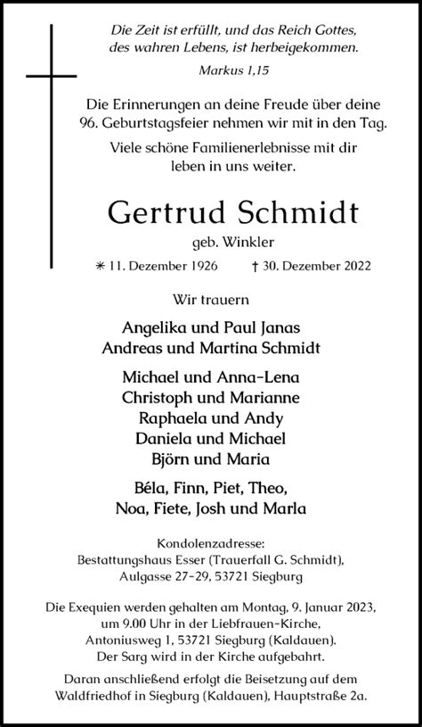 Traueranzeigen Von Gertrud Schmidt WirTrauern