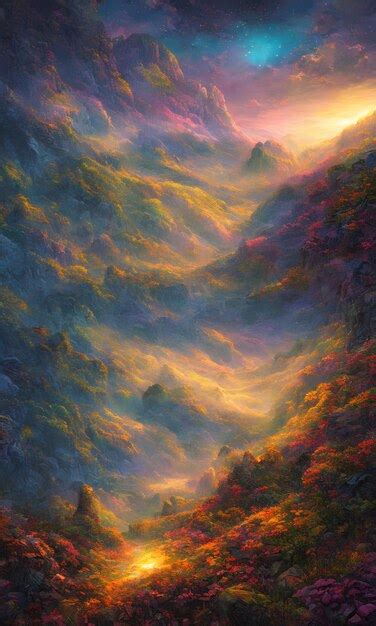 Premium Photo | A painting of a mountain valley with a sunset in the ...