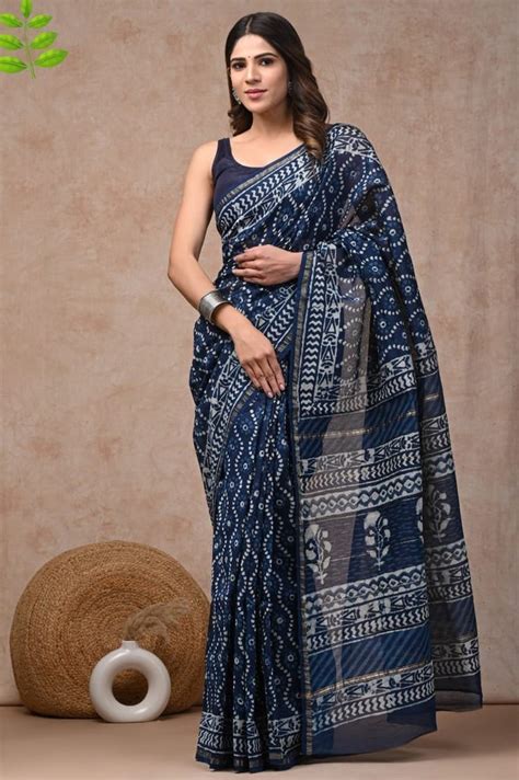 Handblock Printed Chanderi Silk Saree 5 5 M Separate Blouse Piece At