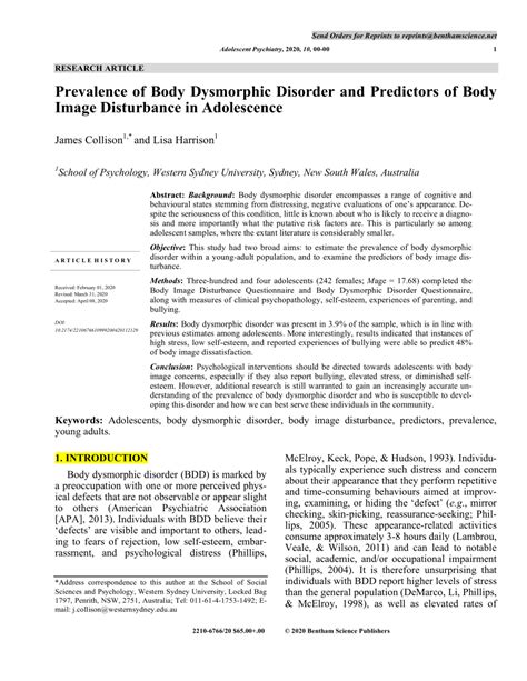 PDF Prevalence Of Body Dysmorphic Disorder And Predictors Of Body