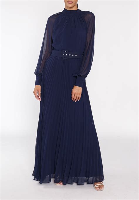 Mabel Navy Belted Pleated Long Sleeve Maxi Dress 6 True Decadence