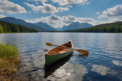 Premium Photo A Green Row Boat Is Floating On A Lake With A Mountain