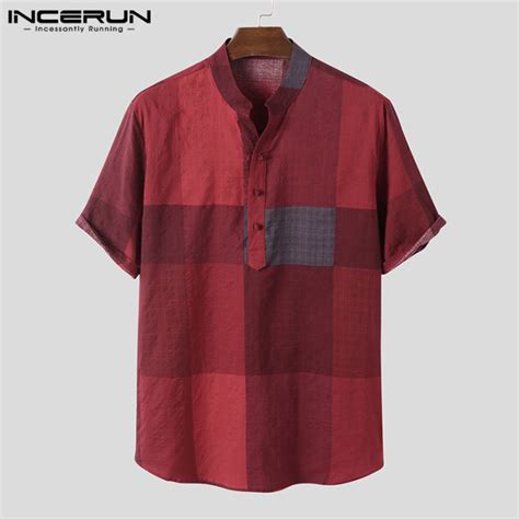 Medussa INCERUN Mens Checked Short Sleeve Retro Hippy Henley Plaid