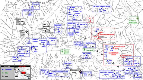 Baltoro map : K2, Broad peak, Gasherbrum, Masherbrum, Tour de Muztagh ...