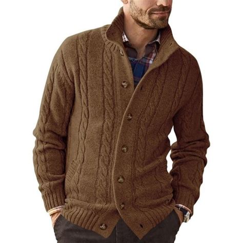 Mens H0603 Cable Knit Cardigan Sweater Brown Cable Knit Sweater Cardigan Geometric Shirt