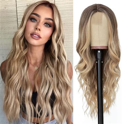 Nayoo Long Ombre Blonde Wavy Wig For Women Inch Middle Part Curly