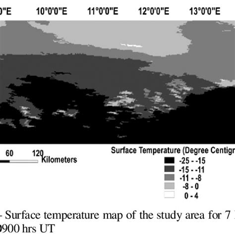 Surface temperature map of the study area for 12 January 2010 at 0900 ...