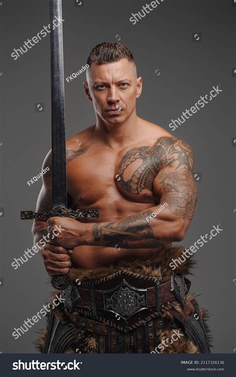 Muscular Warrior Naked Torso Holding Sword Stock Photo Edit Now