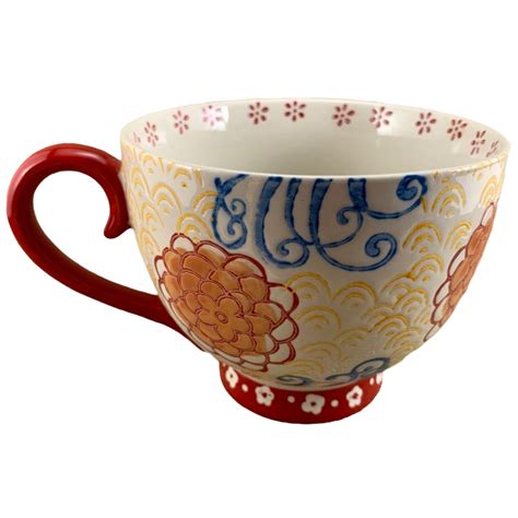 Dutch Wax Lightly Embossed Owl And Floral Mug With Red Handle Coastline