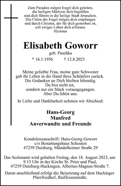 Traueranzeigen Von Elisabeth Goworr Trauer In NRW De