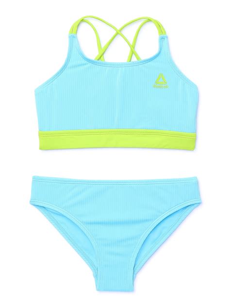 Reebok Girls Strappy Back High Neck Bikini Top With Scoop Bottoms Swimsuit UPF Piece