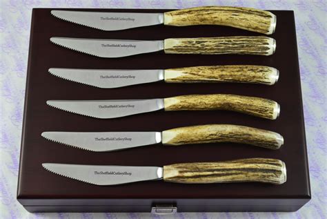 Coarse Serrate Six Genuine Stag Antler Handle Steak Bistro Grill Knife