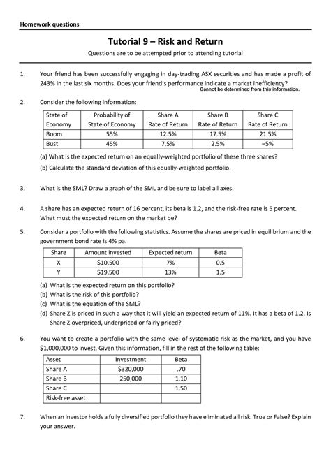 RISK Return HW Homework Questions Tutorial 9 Risk And Return