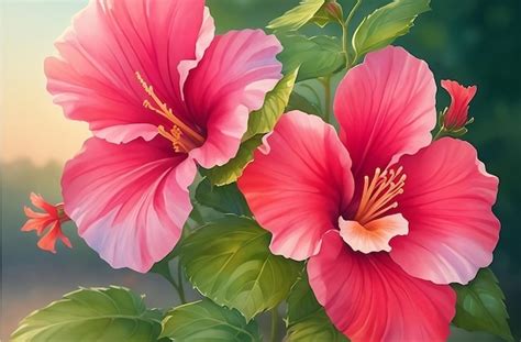 Premium Ai Image Wonderful Botanical Hibiscus Flowers Painting