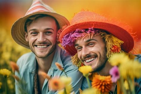 Una Hermosa Pareja Gay Feliz Con Los Colores Del Arco Iris En Un Campo De Flores Mes Del Orgullo