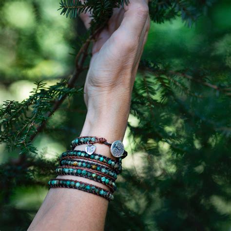 Classic African Turquoise 5 Wrap Bracelet And Tree Of Life Button