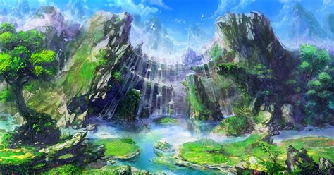 Waterfalls Surrounded By Trees Painting Drawing Hd Wallpaper