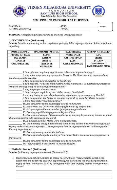 FIL 9 Ikaapat NA Markahang Pagsusulit SEMI PINAL NA PAGSUSULIT SA