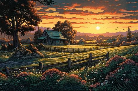 Premium AI Image | A painting of a farm with a sunset in the background.