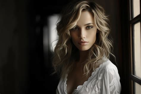 Premium AI Image A Beautiful Blonde Woman In A White Shirt Standing In Front Of A Window