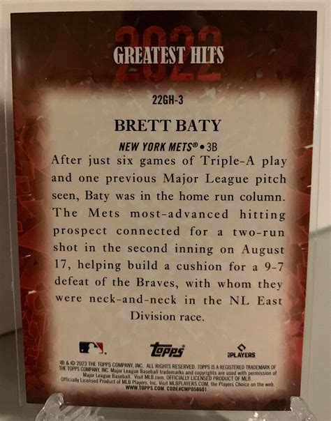 Mavin Brett Baty 2023 Topps Series 1 Greatest Hits 2022 Rookie Card