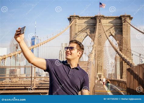 Tourist Model Taking A Selfie On A Brooklyn Bridge Stock Photo Image