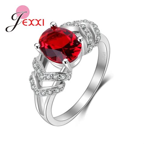 Luxo 925 prata esterlina oval anéis de cristal vermelho para o