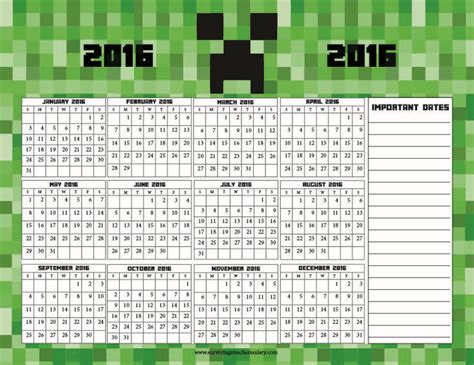 Minecraft Printable Calendar At A Glance 2016 Minecraft Printables